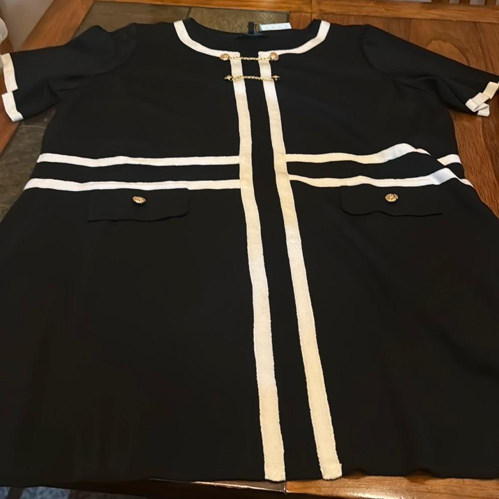 Ming Wang Button Detail Contrast Trim Soft Knit Dress, Black size 2X